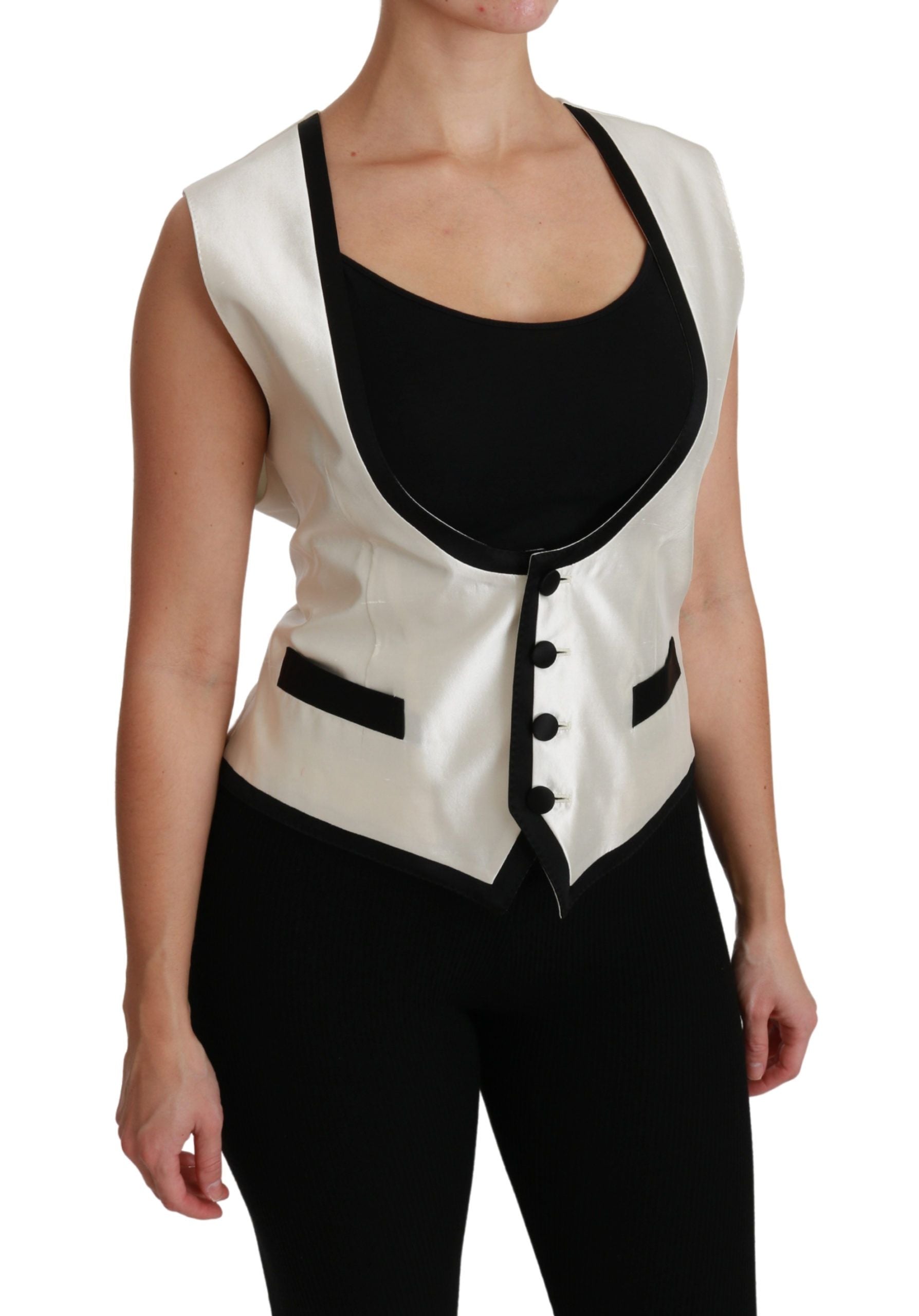 Dolce & Gabbana Elegant Silk Sleeveless Vest in Black & White - IT40|S