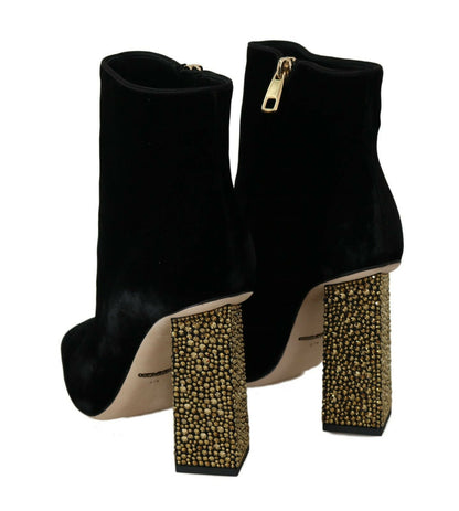 Dolce & Gabbana Elegant Velvet Ankle Boots with Crystal Heels - EU39.5/US9