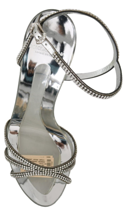 Dolce & Gabbana Silver Leather Ankle Strap Sandals with Crystals - EU39/US8.5