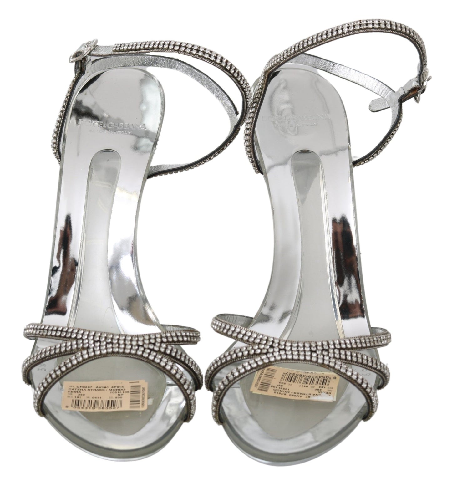 Dolce & Gabbana Silver Leather Ankle Strap Sandals with Crystals - EU39/US8.5