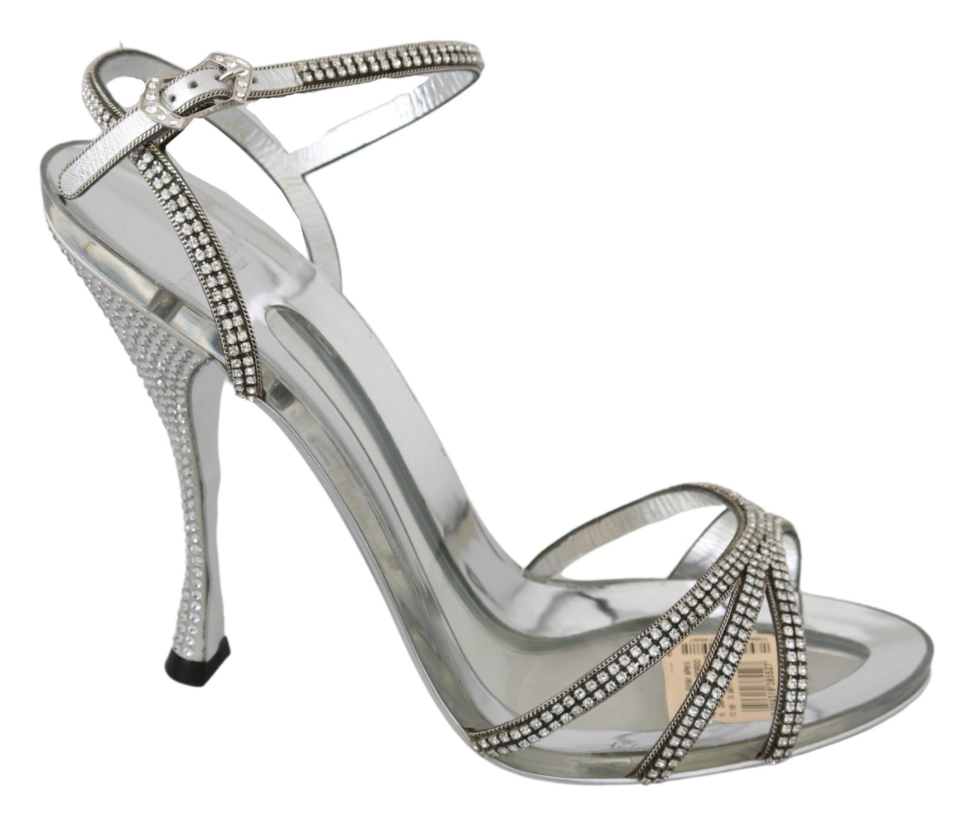 Dolce & Gabbana Silver Leather Ankle Strap Sandals with Crystals - EU39/US8.5