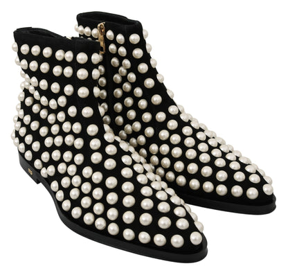 Dolce & Gabbana Chic Black Suede Ankle Boots with Pearls - EU39/US8.5