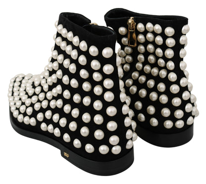 Dolce & Gabbana Chic Black Suede Ankle Boots with Pearls - EU39/US8.5