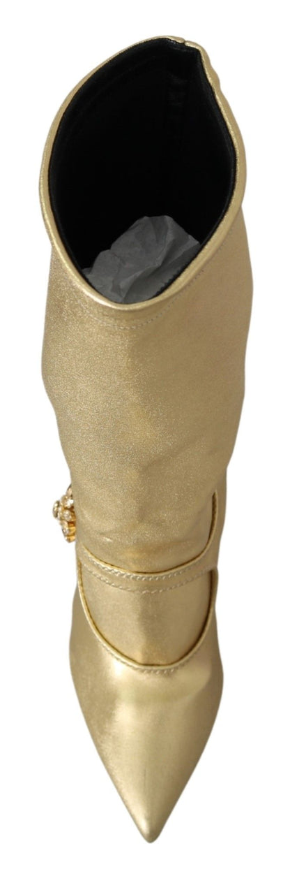 Dolce & Gabbana Elegant Gold Ankle Boots Socks with Rhinestones