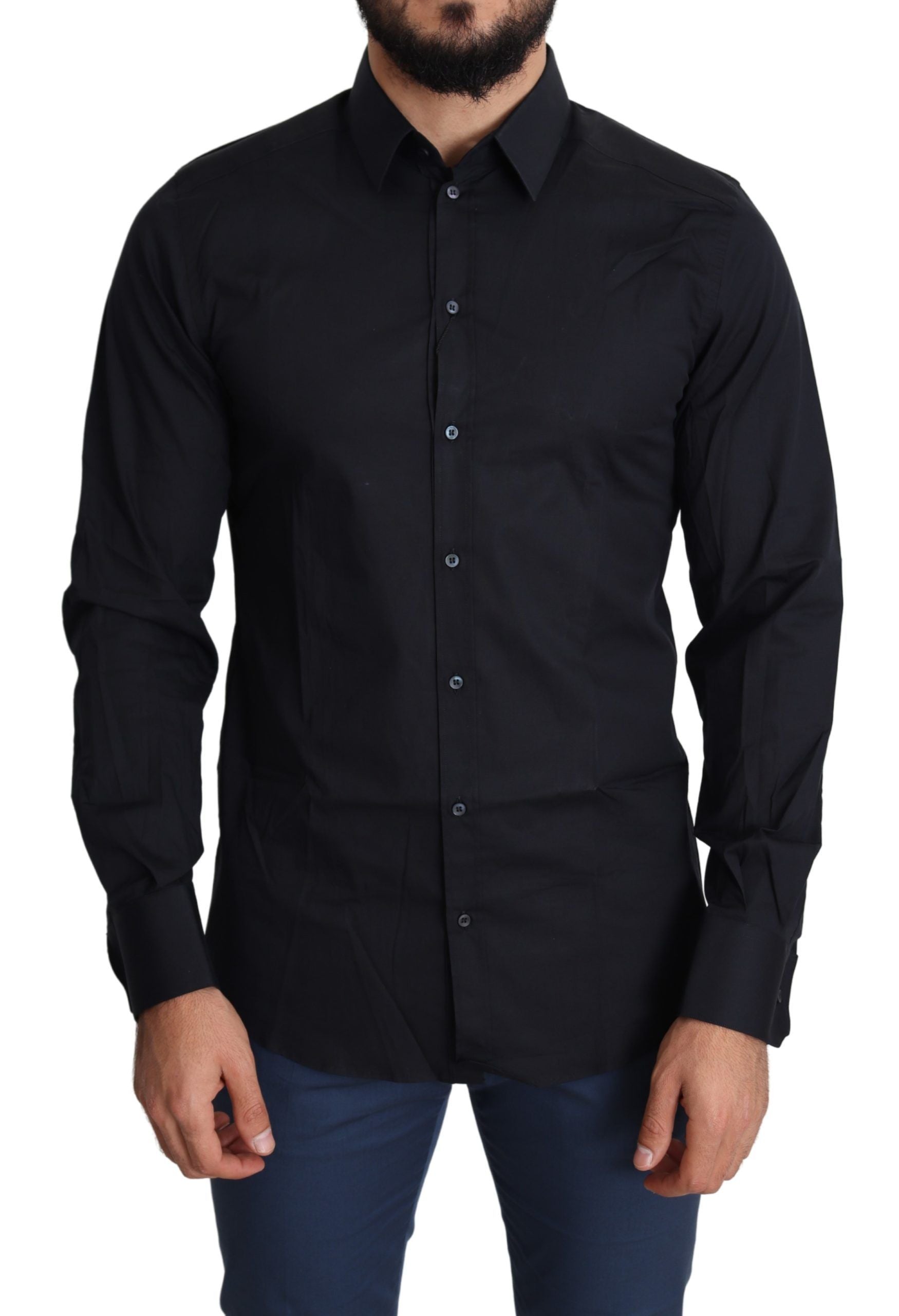 Dolce & Gabbana Sleek Black Slim Fit Cotton Stretch Dress Shirt - IT38 | XS