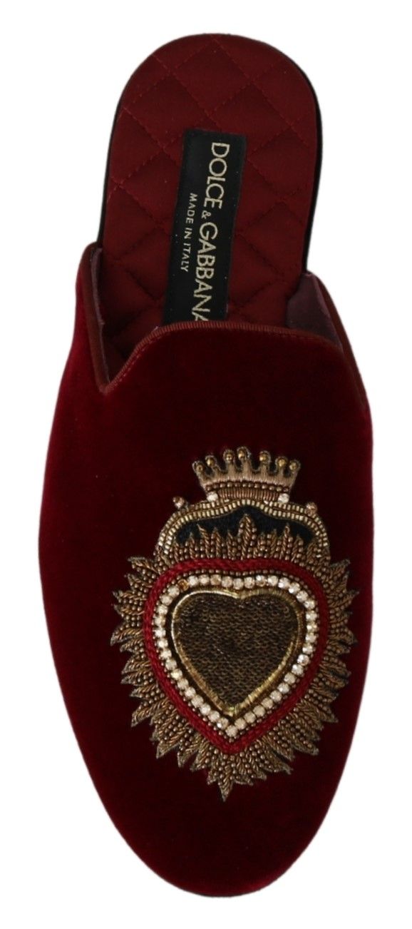 Dolce & Gabbana Red Velvet Embroidered Slides - EU39/US6