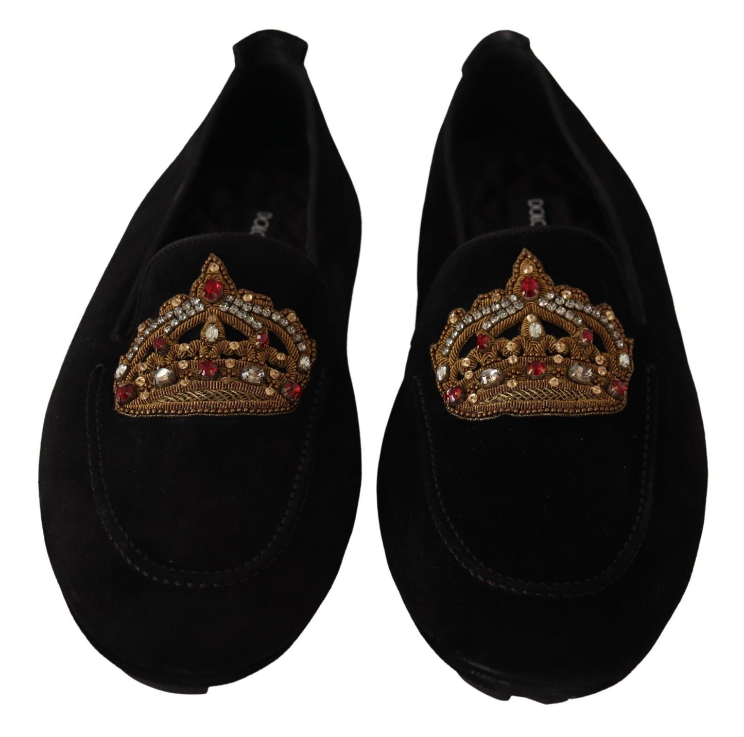 Dolce & Gabbana Elegant Black Leather Loafer Slides with Gold Embroidery - EU39/US6