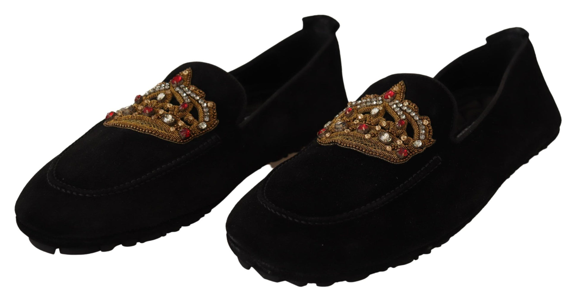 Dolce & Gabbana Elegant Black Leather Loafer Slides with Gold Embroidery - EU39/US6