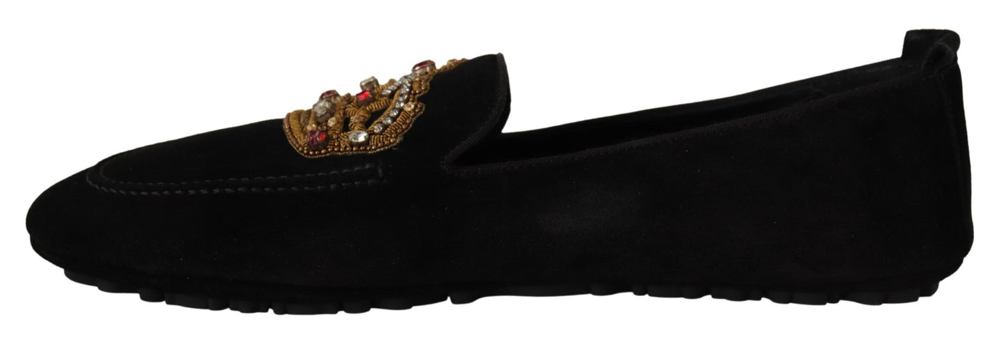 Dolce & Gabbana Elegant Black Leather Loafer Slides with Gold Embroidery - EU39/US6