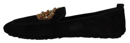 Dolce & Gabbana Elegant Black Leather Loafer Slides with Gold Embroidery - EU39/US6