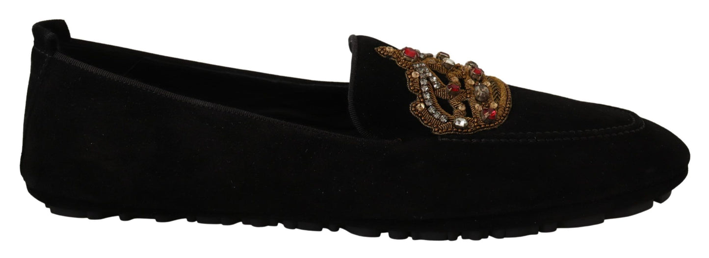 Dolce & Gabbana Elegant Black Leather Loafer Slides with Gold Embroidery - EU39/US6