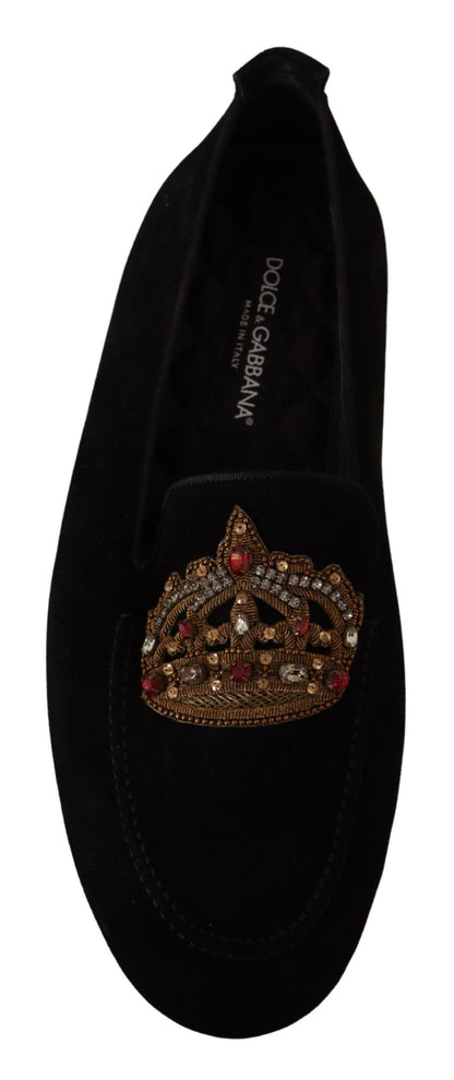 Dolce & Gabbana Elegant Black Leather Loafer Slides with Gold Embroidery - EU39/US6