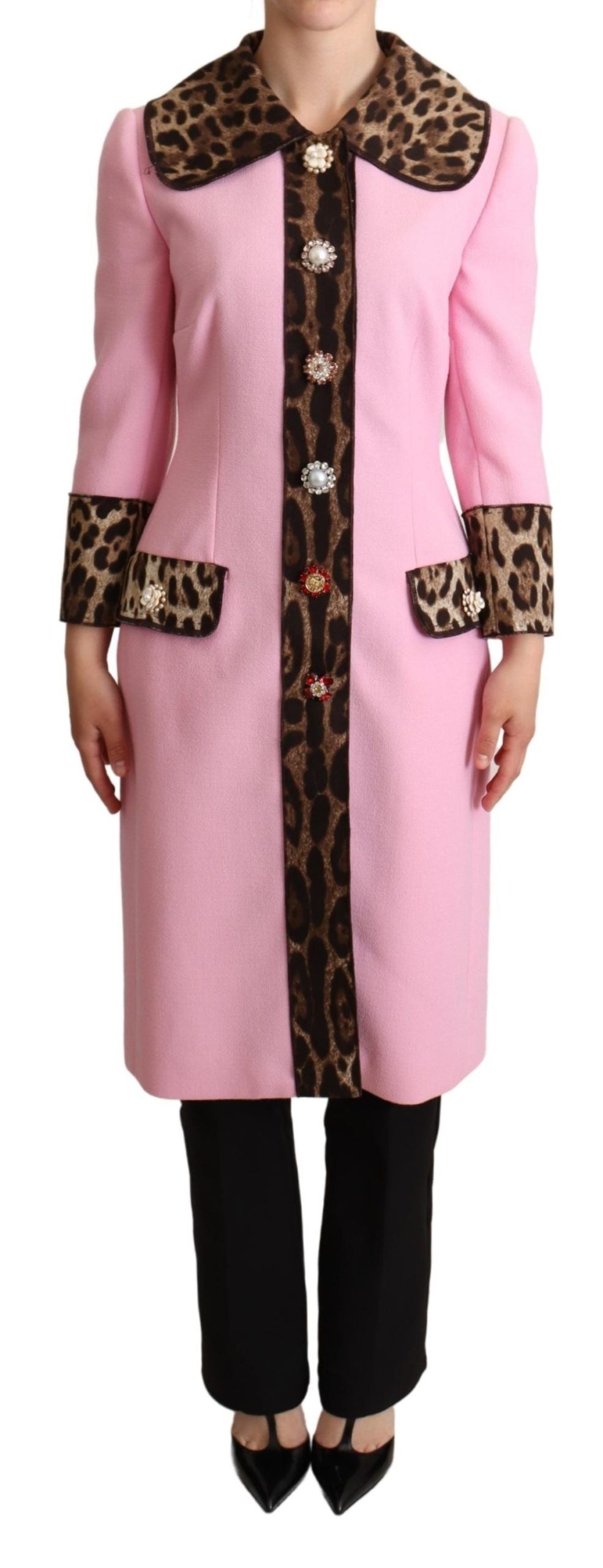 Dolce & Gabbana Chic Pink Leopard Trench with Crystal Buttons