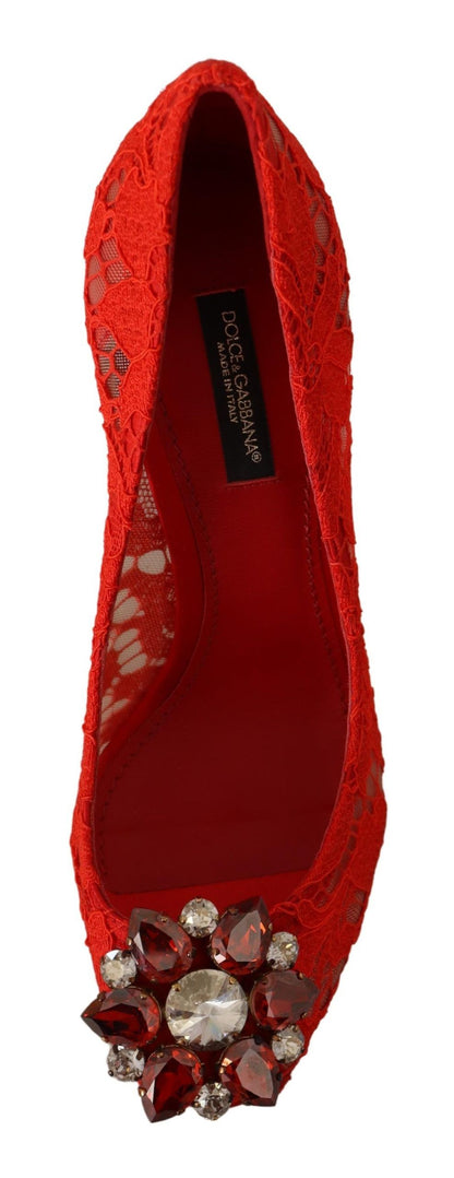 Dolce & Gabbana Red Crystal Taormina Lace Heels Pumps