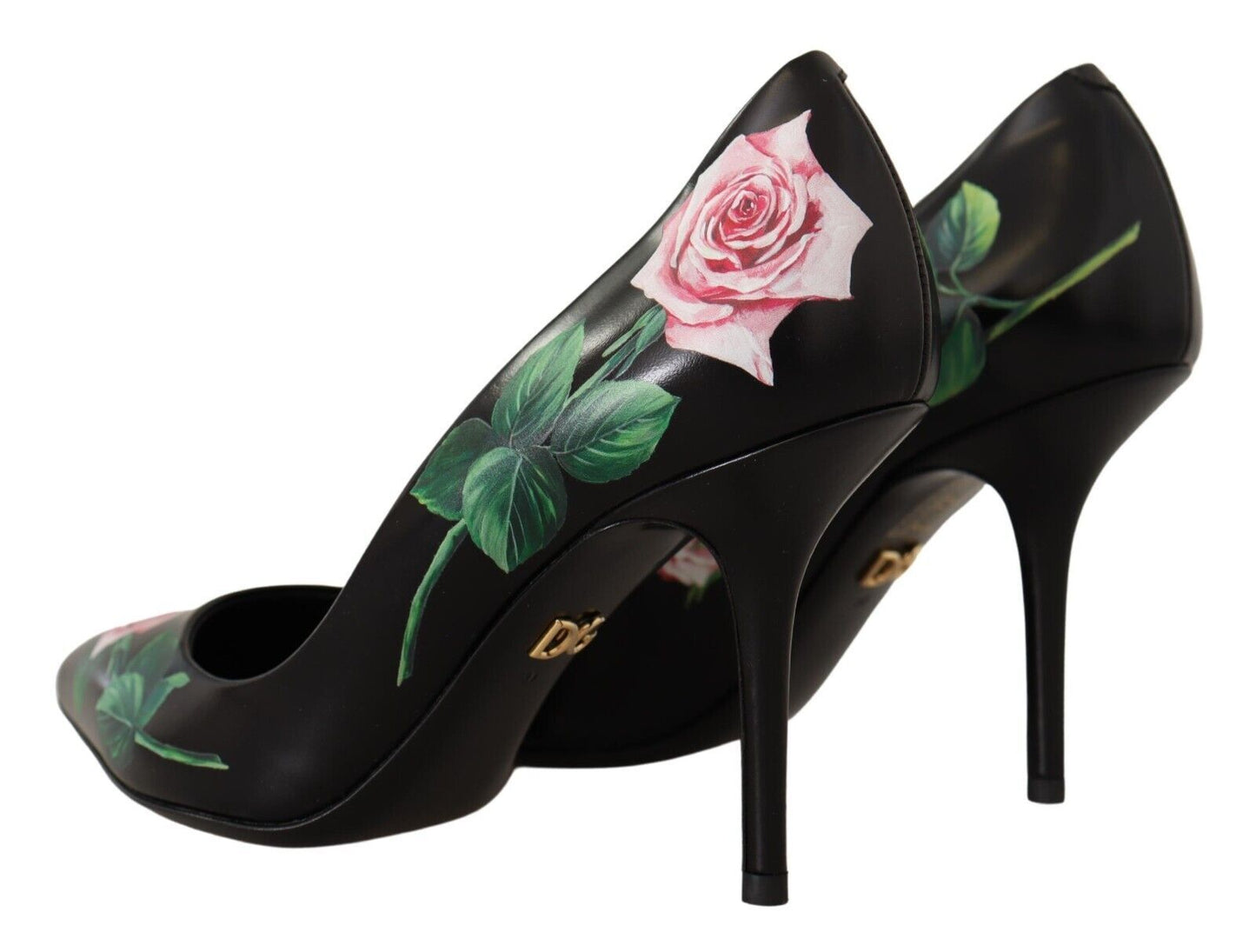 Dolce & Gabbana Elegant Black Rose Print Leather Heels