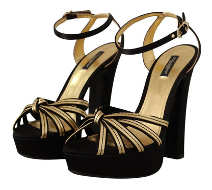 Dolce & Gabbana Elegant Black Gold Ankle Strap Heels Sandals - EU40/US9.5