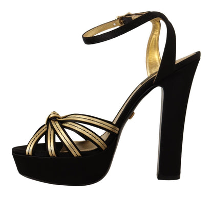 Dolce & Gabbana Elegant Black Gold Ankle Strap Heels Sandals - EU40/US9.5