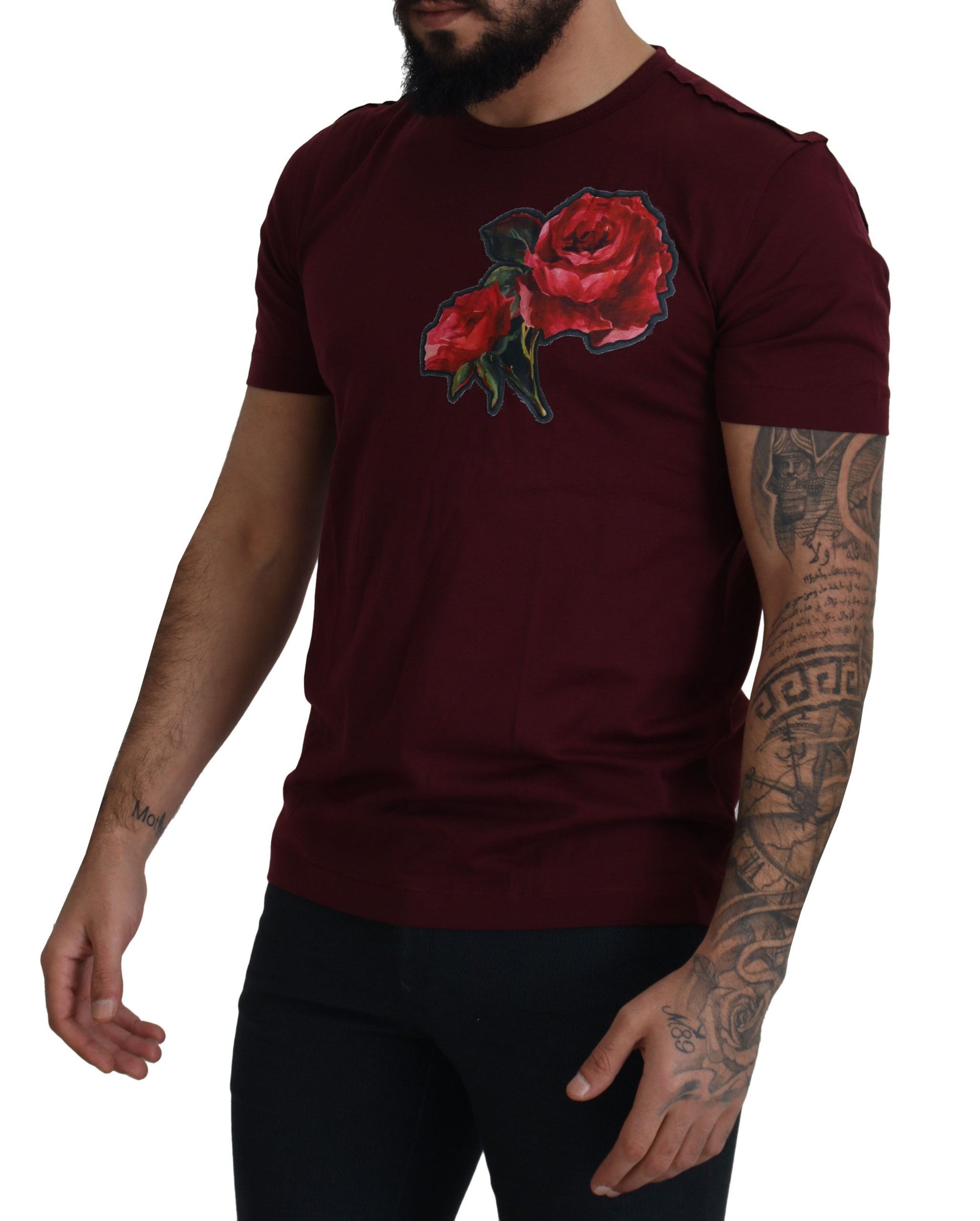 Dolce & Gabbana Elegant Bordeaux Roses Motif Crewneck Tee - IT50 | L