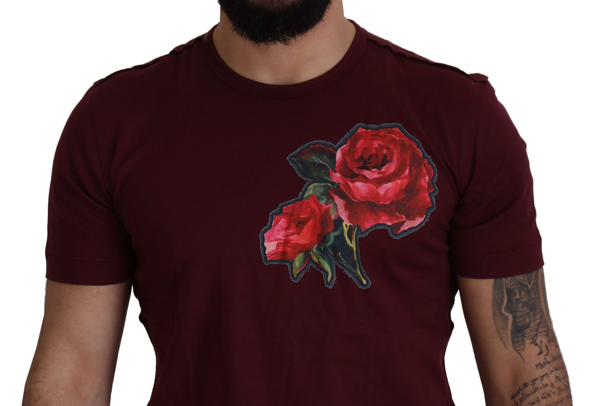 Dolce & Gabbana Elegant Bordeaux Roses Motif Crewneck Tee - IT50 | L