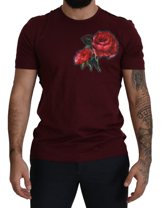 Dolce & Gabbana Elegant Bordeaux Roses Motif Crewneck Tee - IT50 | L