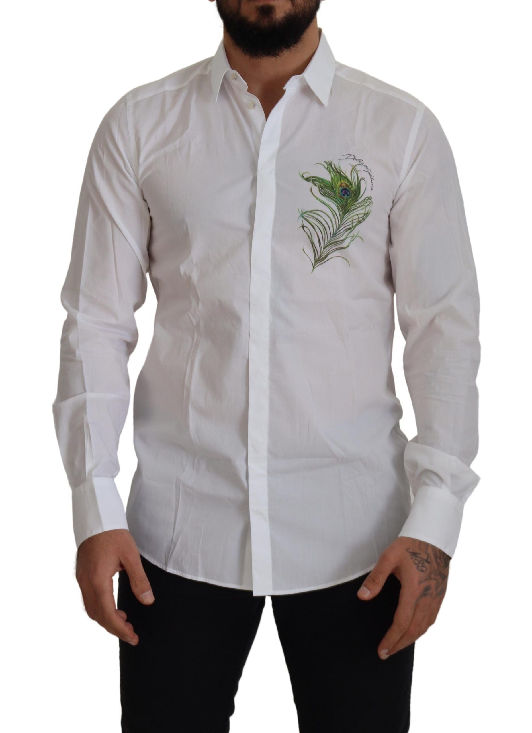 Dolce & Gabbana Elegant White Peacock Feather Dress Shirt - IT41 | L