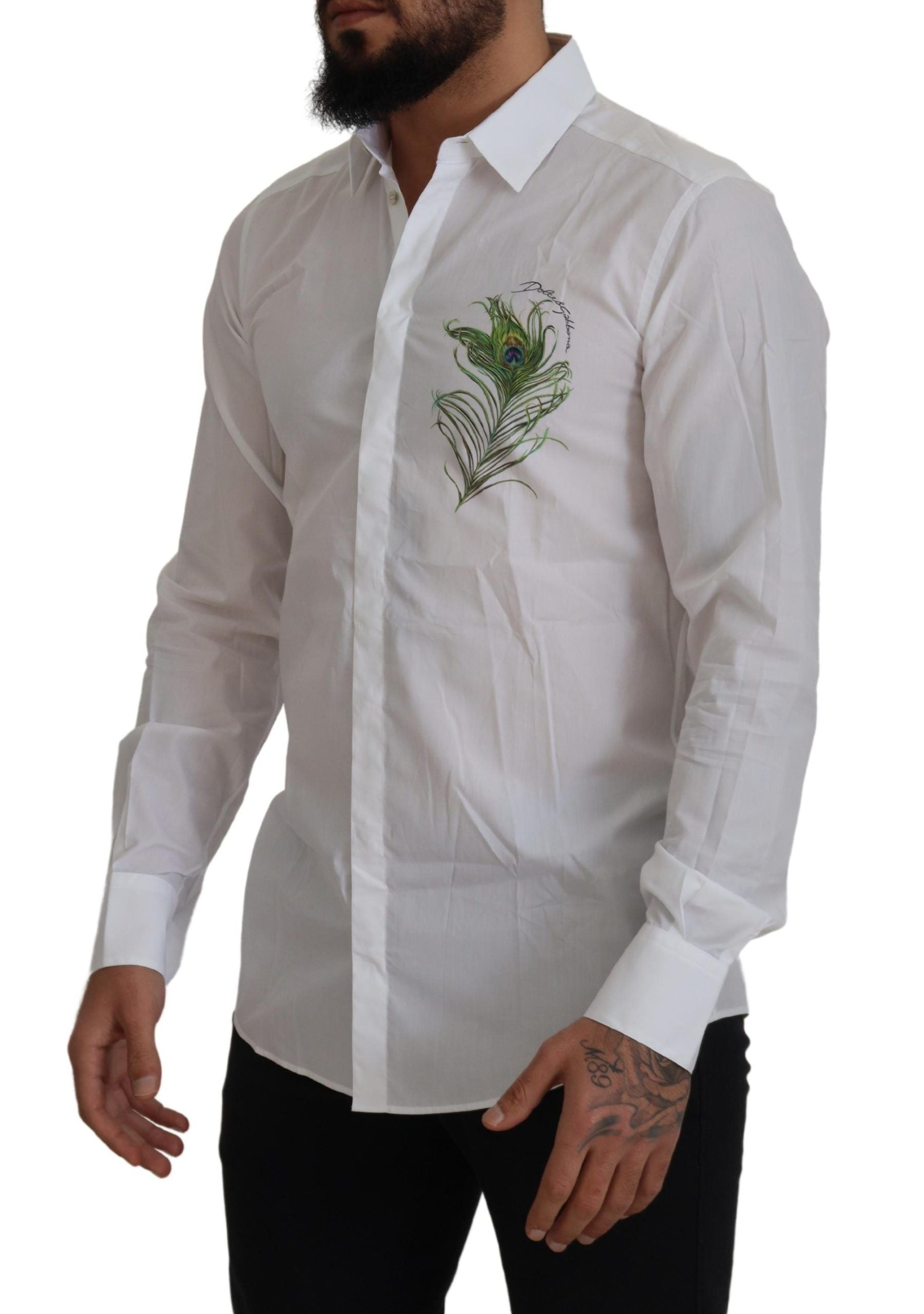 Dolce & Gabbana Elegant White Peacock Feather Dress Shirt - IT41 | L