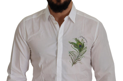 Dolce & Gabbana Elegant White Peacock Feather Dress Shirt - IT41 | L