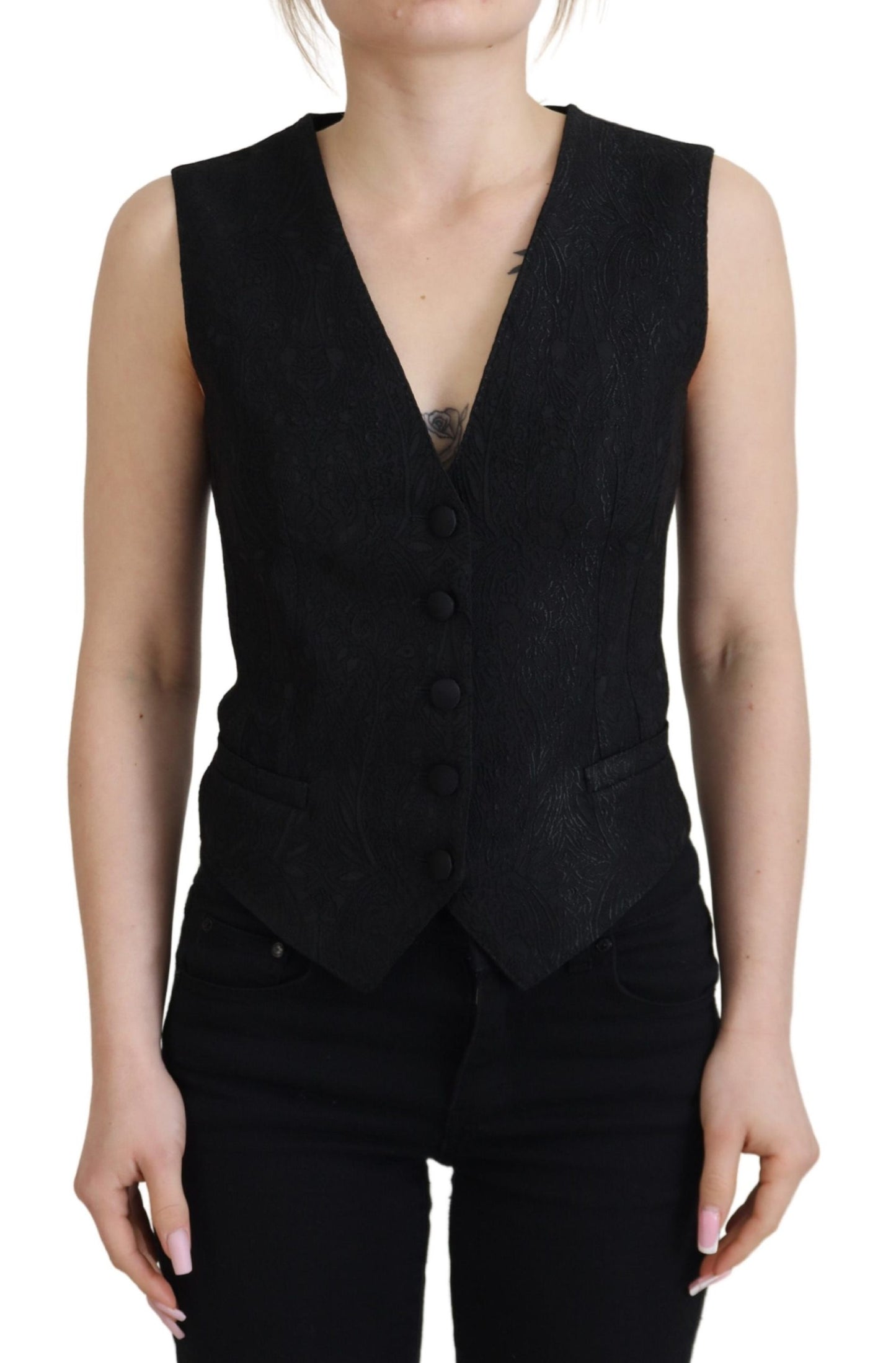 Dolce & Gabbana Elegant Black Silk Blend Waistcoat Vest - IT40|S