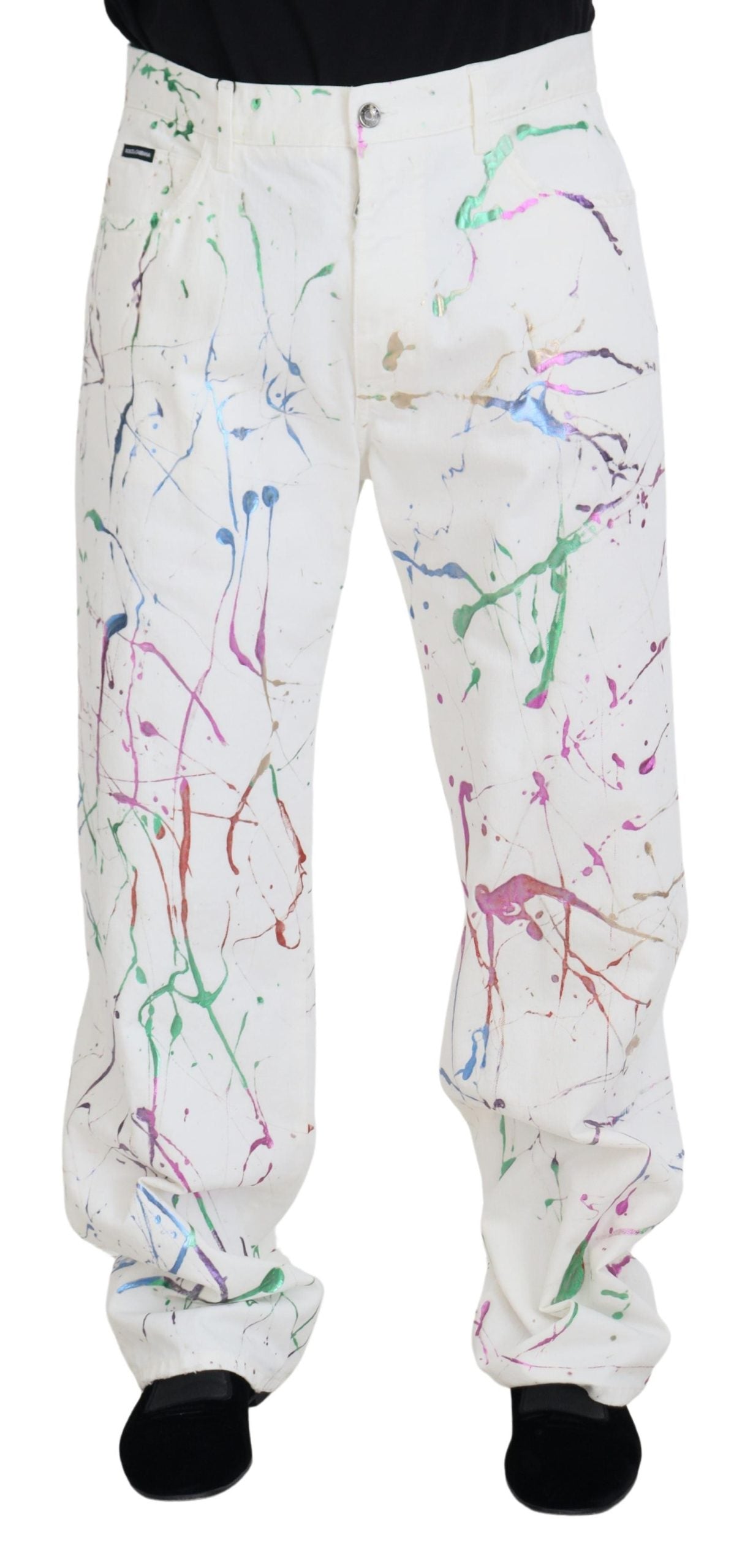 Dolce & Gabbana Chic White Splash Print Denim Pants - IT48 | M