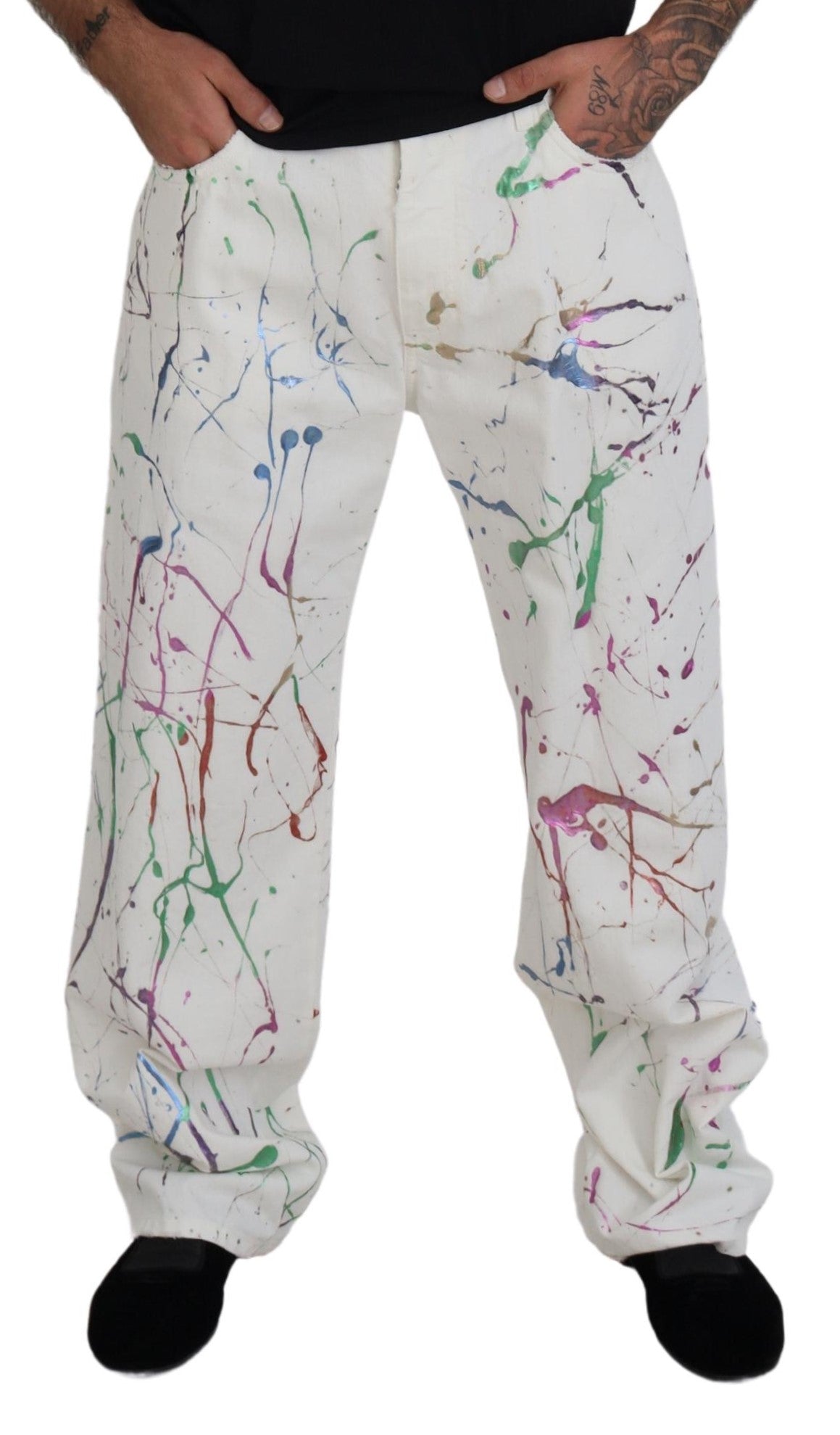 Dolce & Gabbana Chic White Splash Print Denim Pants - IT48 | M