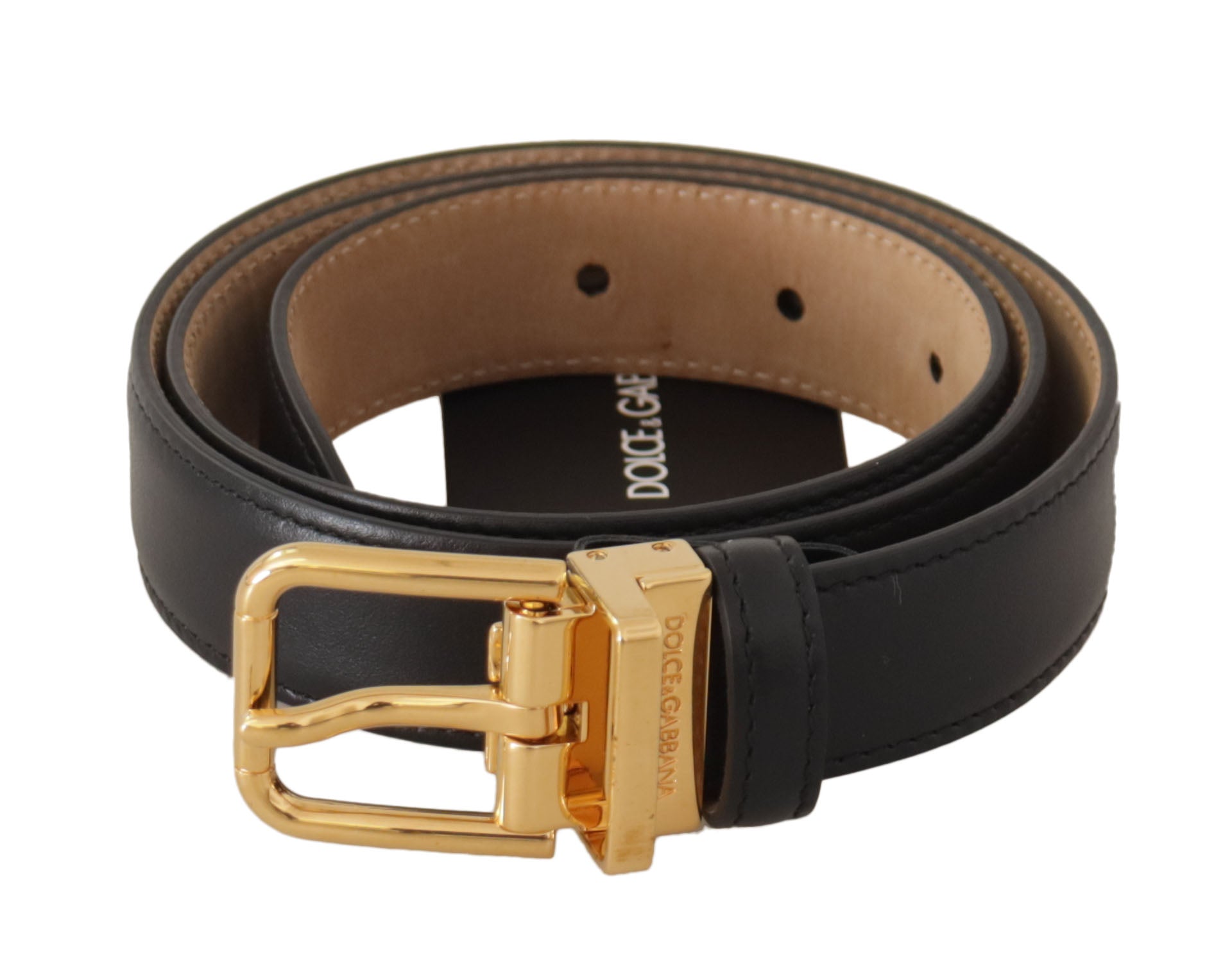 Dolce & Gabbana Elegant Black Leather Belt with Engraved Buckle - 75 cm / 30 Inches