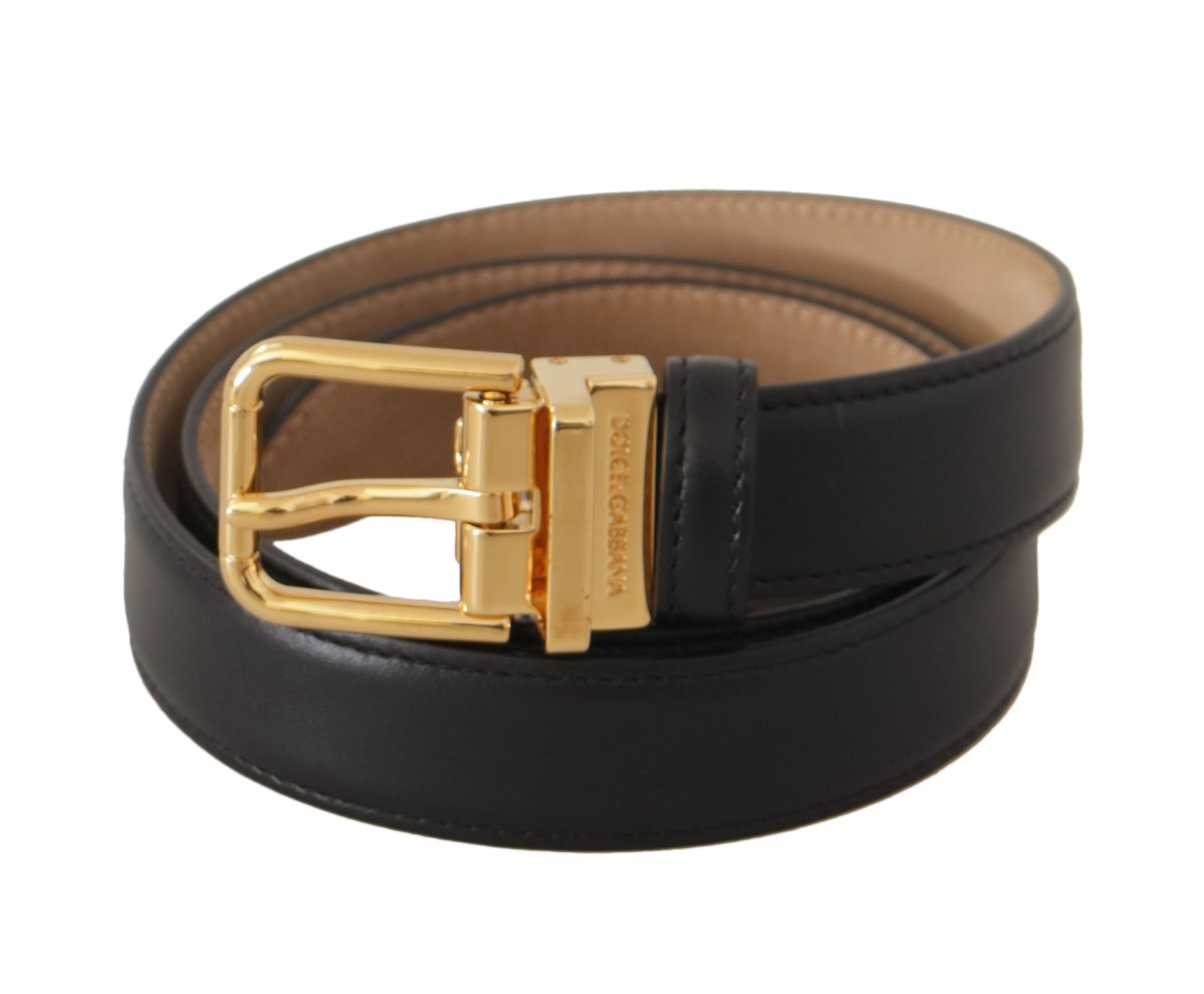 Dolce & Gabbana Elegant Black Leather Belt with Engraved Buckle - 75 cm / 30 Inches