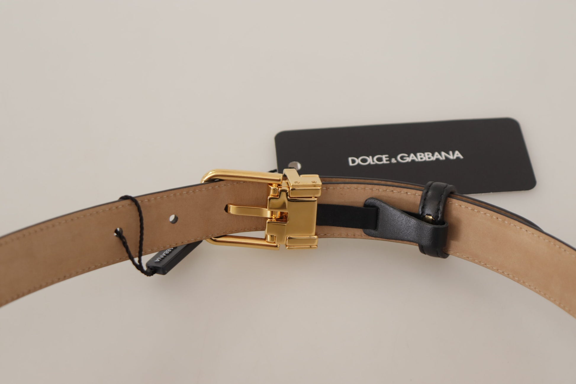 Dolce & Gabbana Elegant Black Leather Belt with Engraved Buckle - 75 cm / 30 Inches