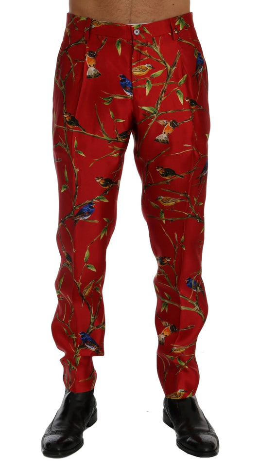 Dolce & Gabbana Elegant Silk Dress Trousers in Red Bird Print - IT44 | XS