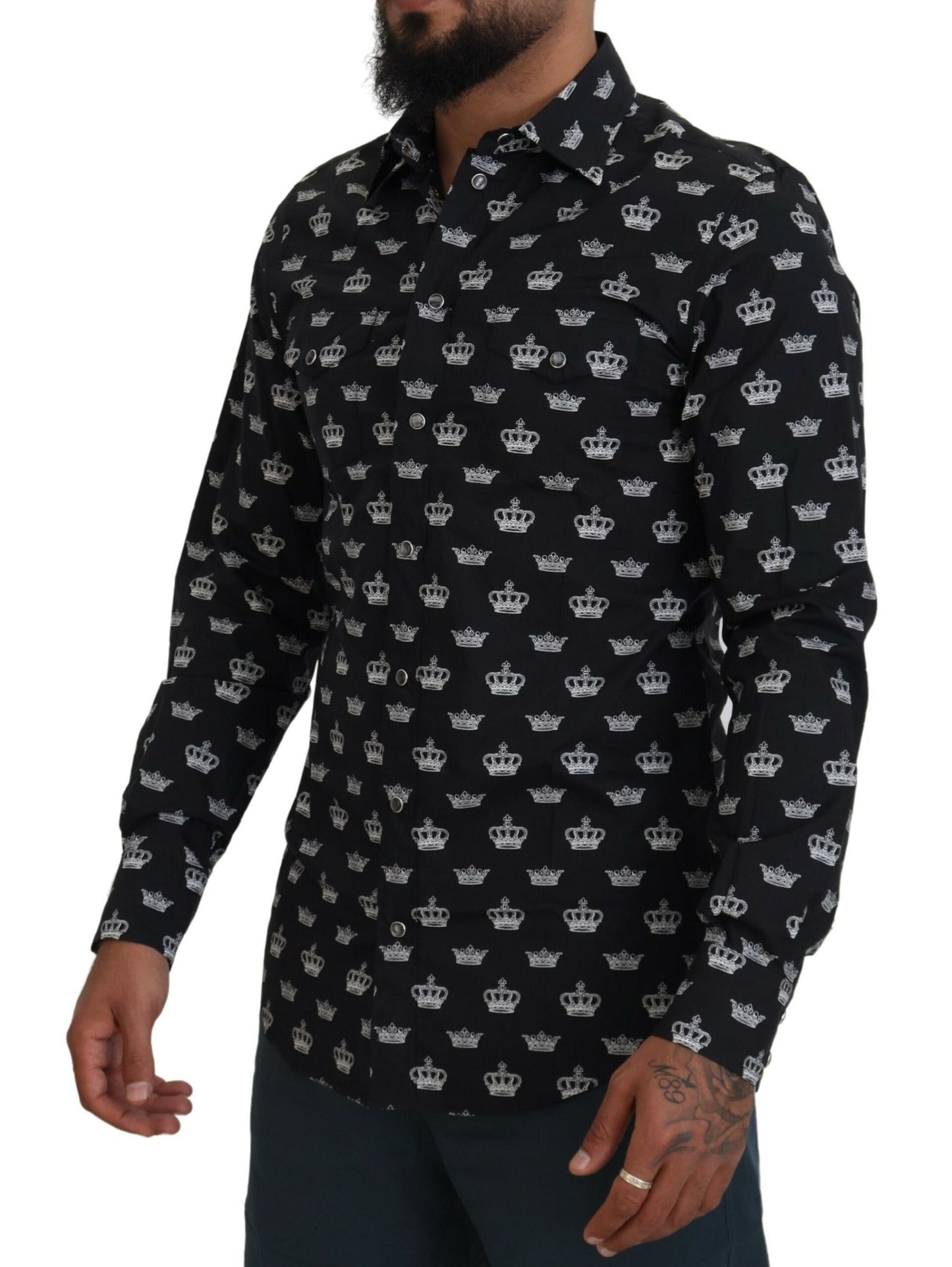 Dolce & Gabbana Elegant Slim Fit Crown Print Formal Shirt - IT39 | S