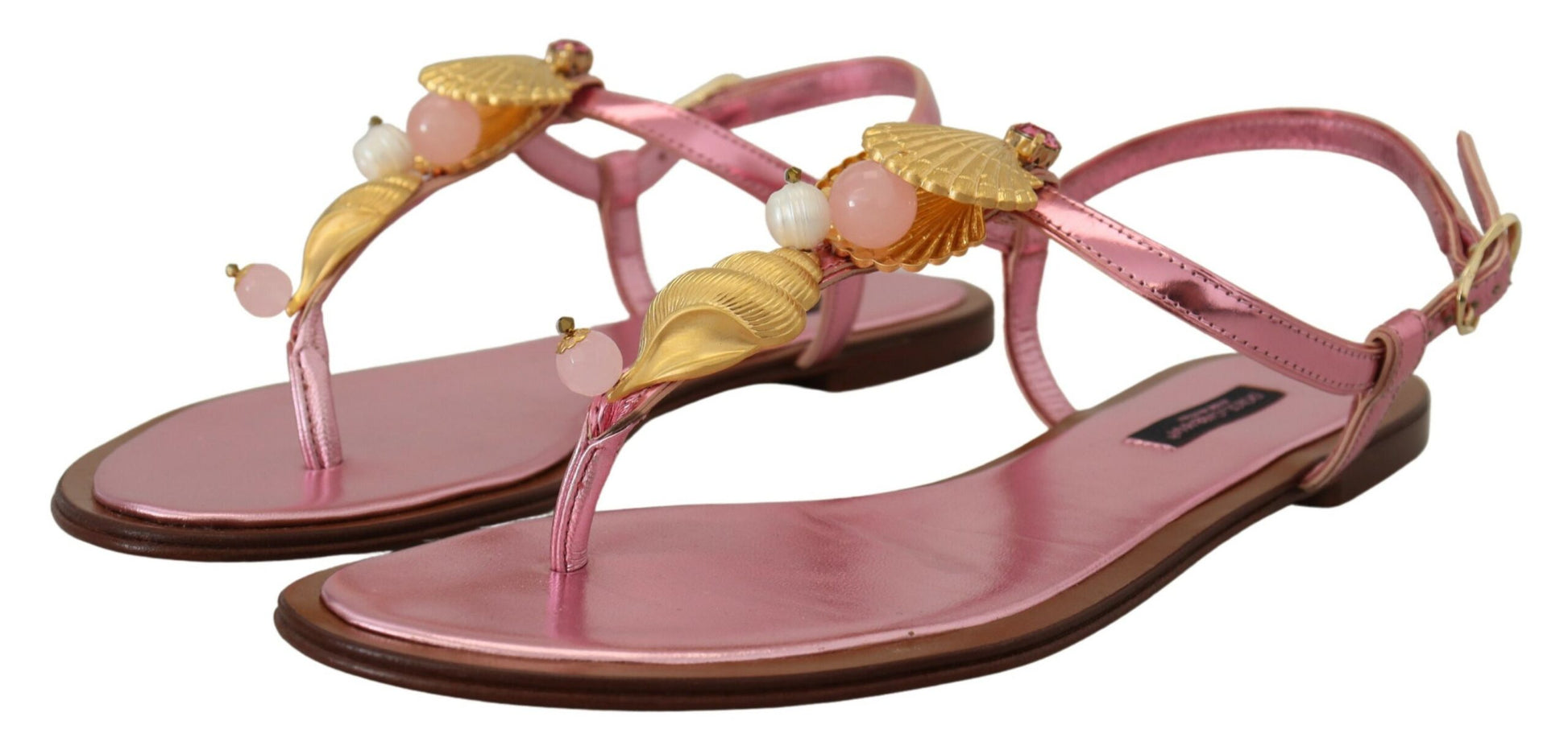 Dolce & Gabbana Chic Pink Leather Sandals with Exquisite Embellishment - EU37/US6.5