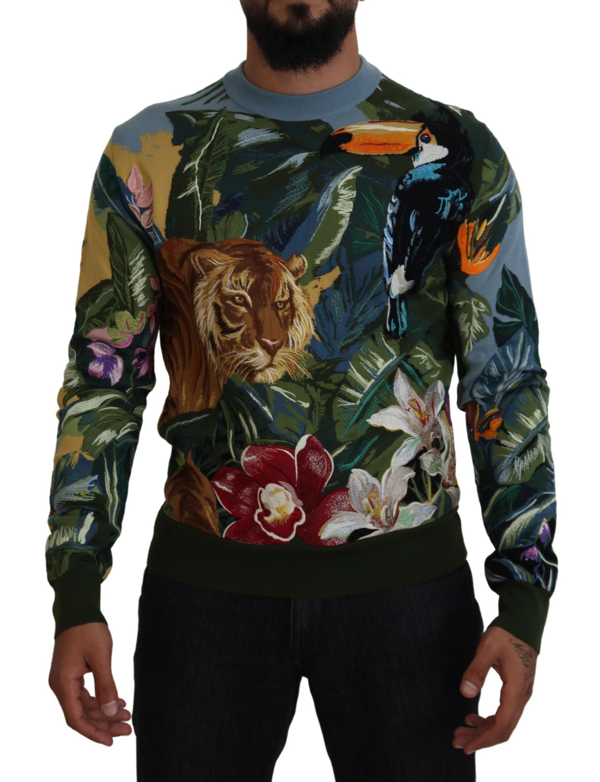 Dolce & Gabbana Jungle Embroidered Wool Silk Sweater - IT50 | L