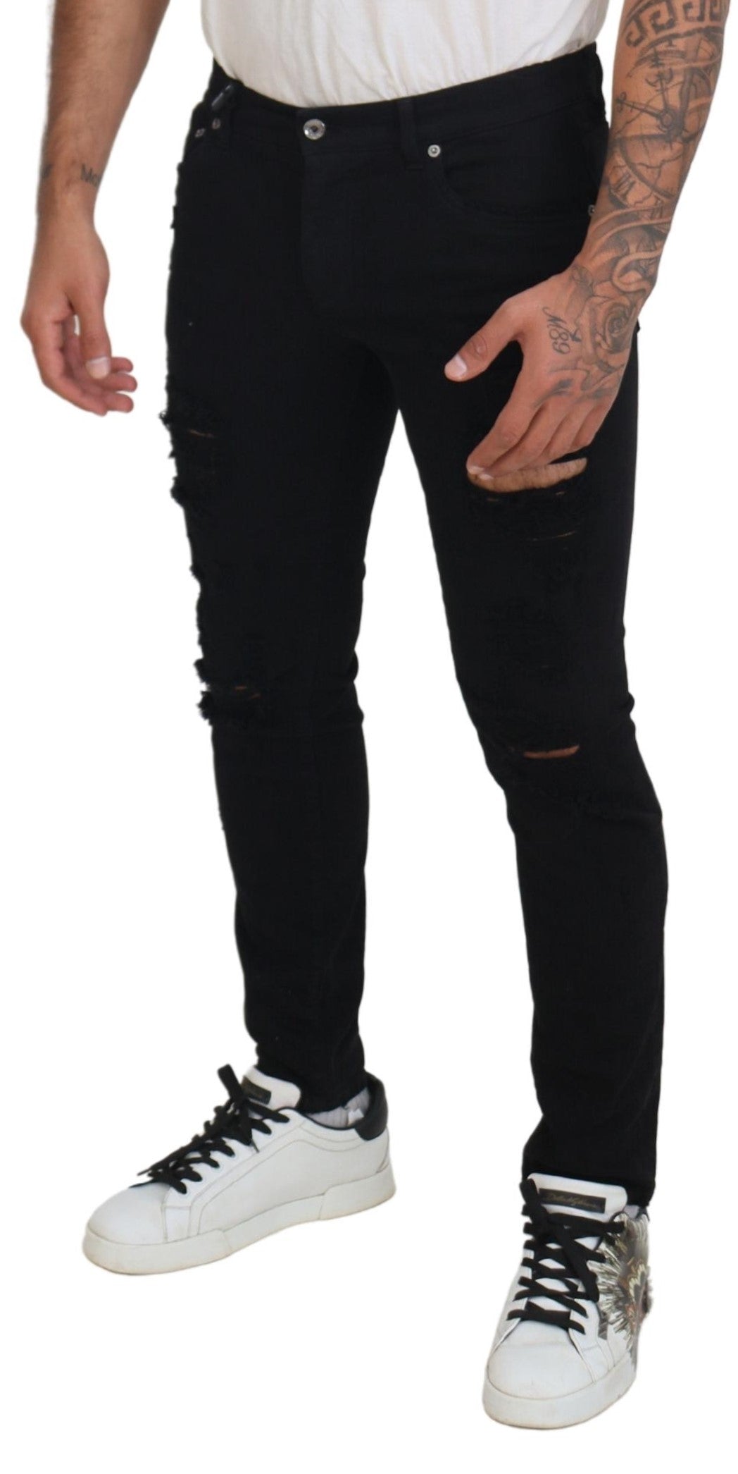 Dolce & Gabbana Svelte Black Tattered Slim Fit Denim - IT48 | M