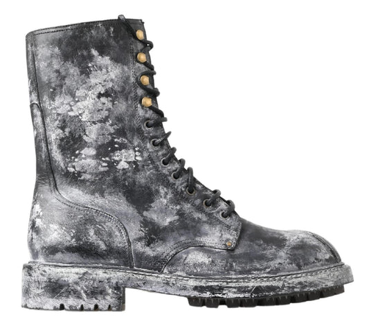 Dolce & Gabbana Chic Black Lace-Up Boots with Gray White Fade - EU39.5/US6.5