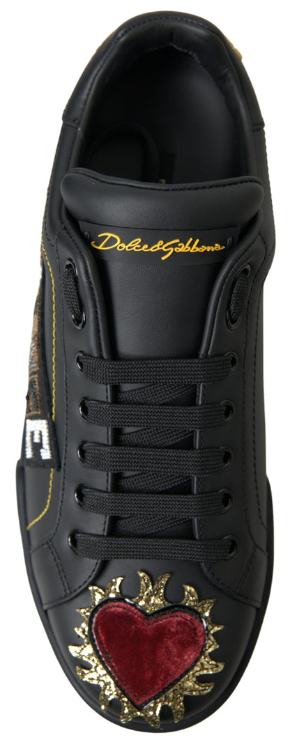 Dolce & Gabbana Elegant Portofino Leather Sneakers - Black Multicolor - EU39.5/US6.5