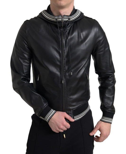 Dolce & Gabbana Elegant Black Leather Bomber Jacket - IT46 | S