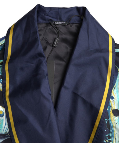 Dolce & Gabbana Marble Blue Silk Long Robe Luxury Sleepwear - IT50 | L