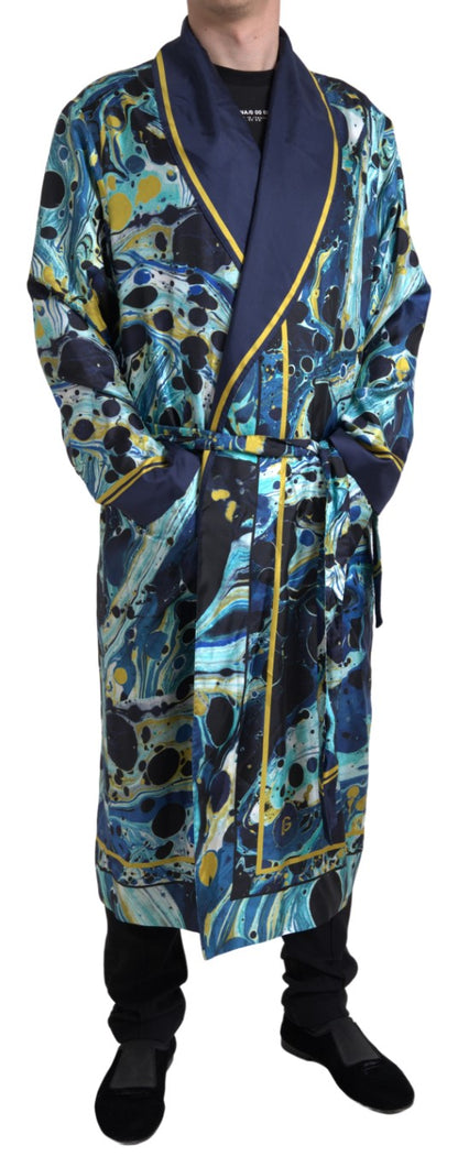 Dolce & Gabbana Marble Blue Silk Long Robe Luxury Sleepwear - IT50 | L