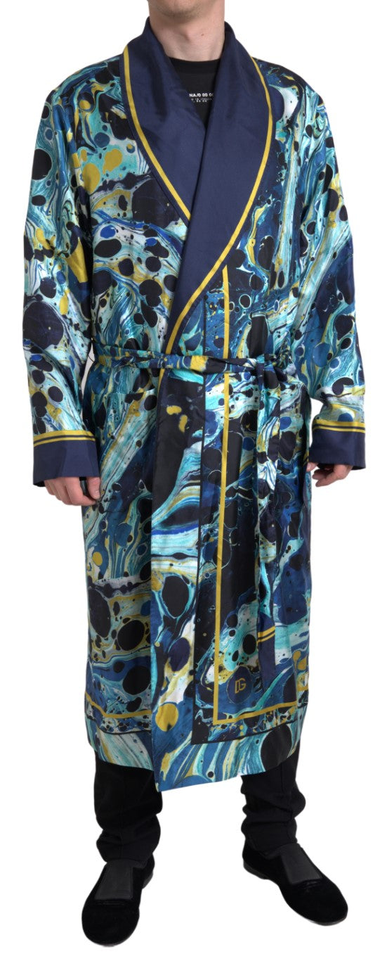 Dolce & Gabbana Marble Blue Silk Long Robe Luxury Sleepwear - IT50 | L