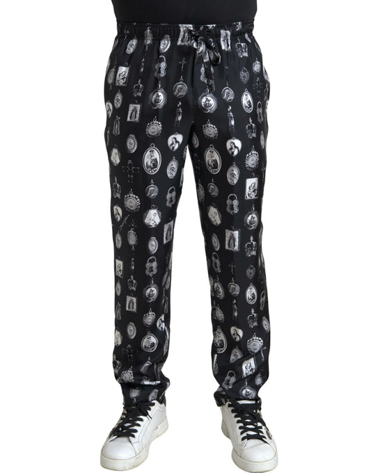 Dolce & Gabbana Elegant Silk Joggers with Religious Print - IT50 | L