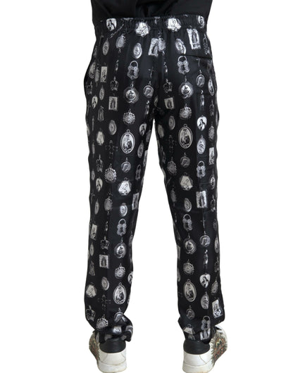 Dolce & Gabbana Elegant Silk Joggers with Religious Print - IT50 | L