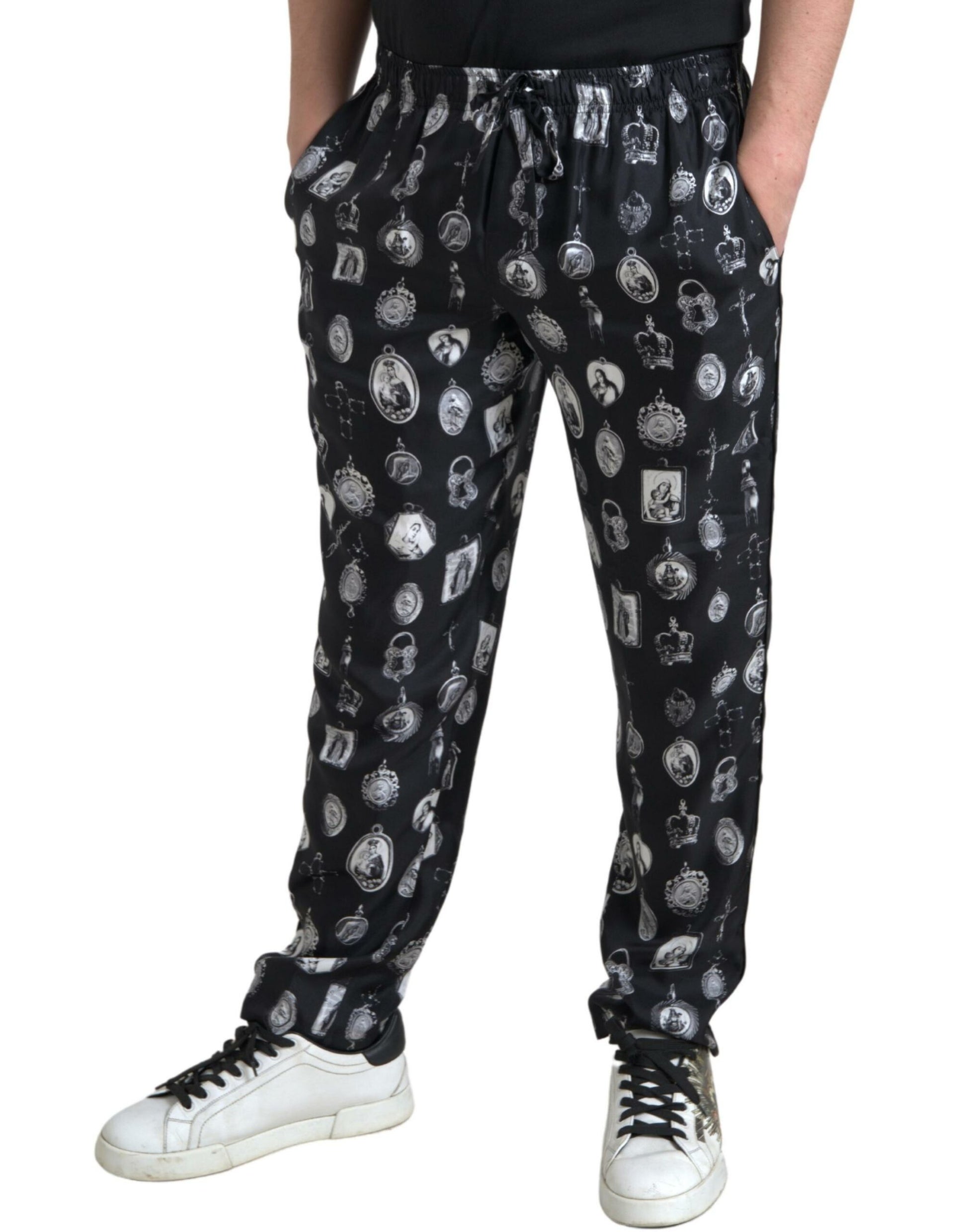 Dolce & Gabbana Elegant Silk Joggers with Religious Print - IT50 | L