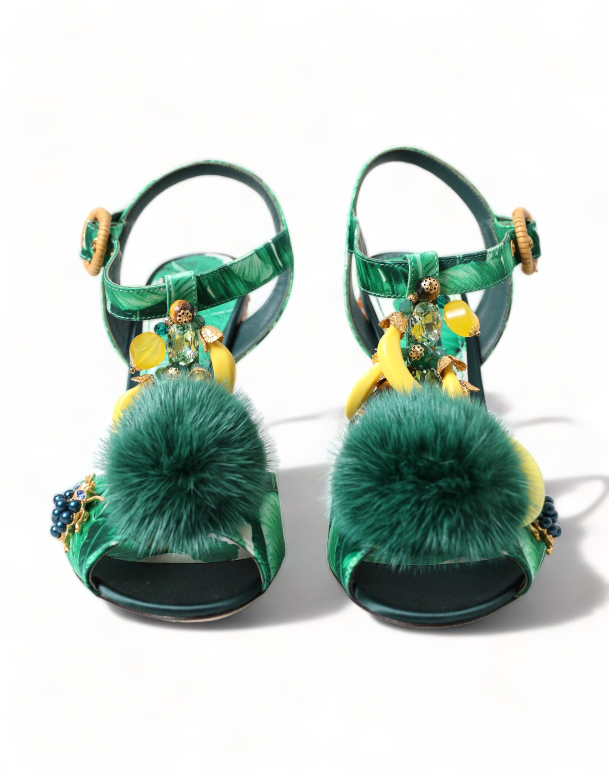 Dolce & Gabbana Green Crystal Mink Fur T-Strap Sandals - EU35/US4.5