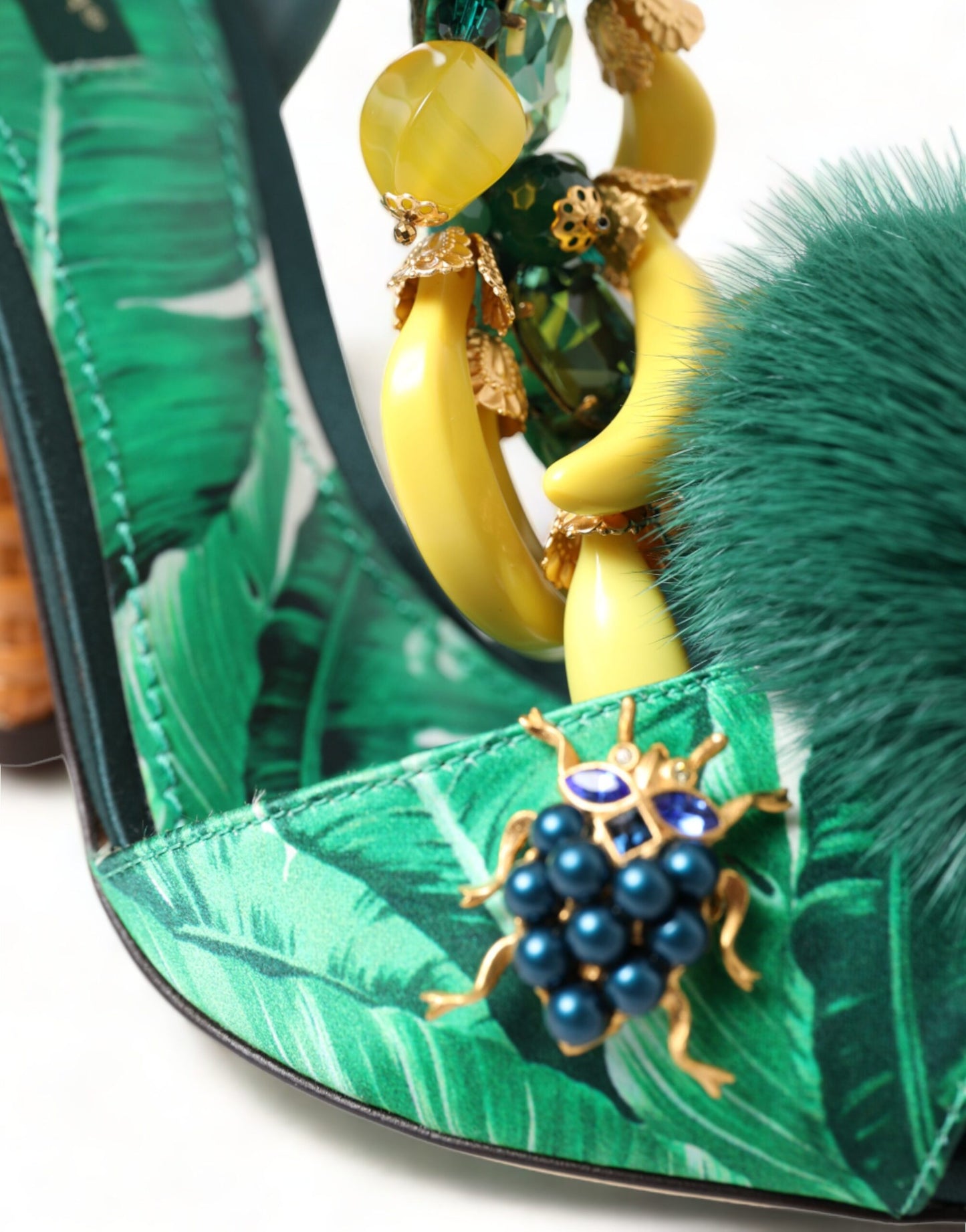 Dolce & Gabbana Green Crystal Mink Fur T-Strap Sandals - EU35/US4.5