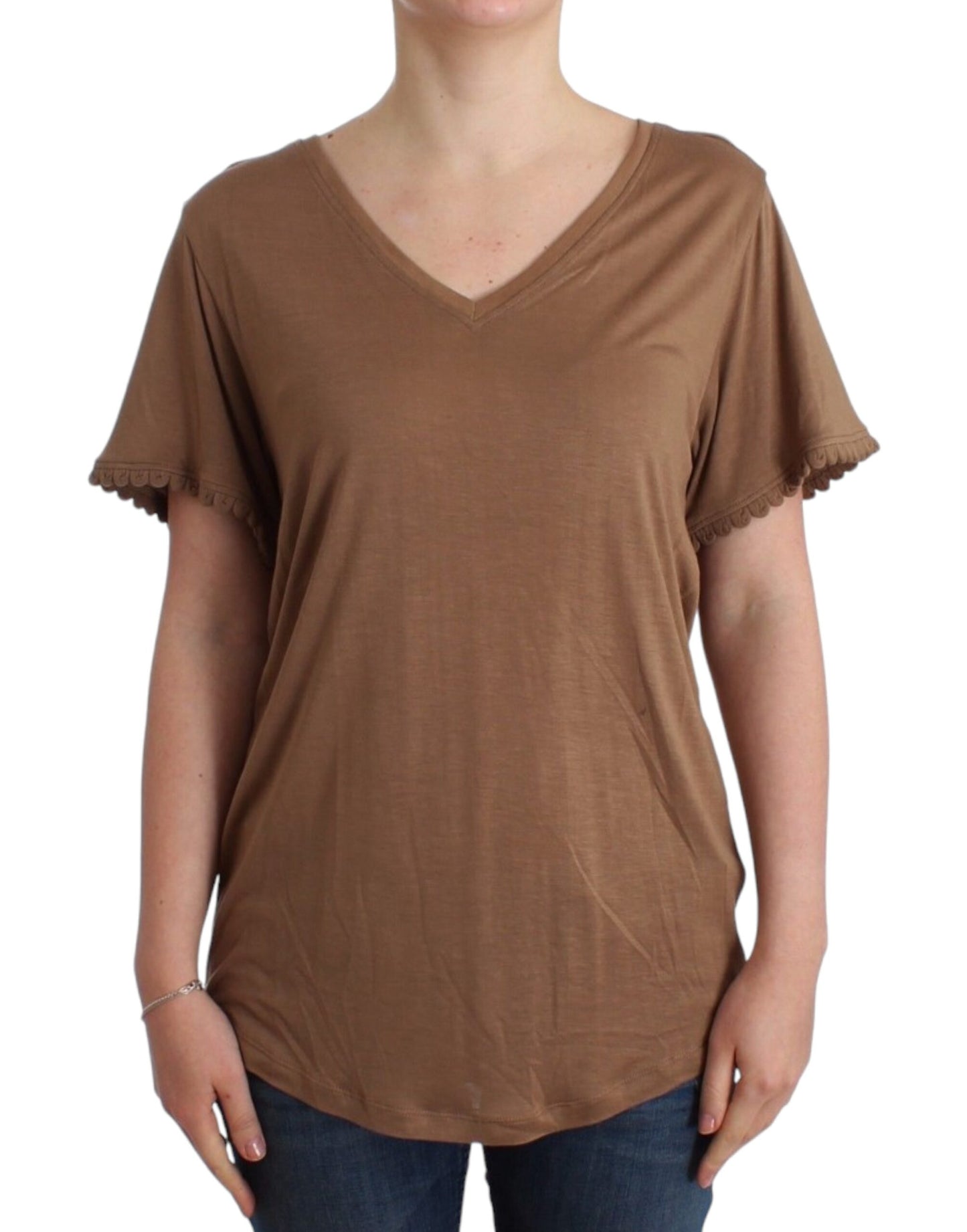 John Galliano Elegant Short-Sleeved Brown Rayon Top - S